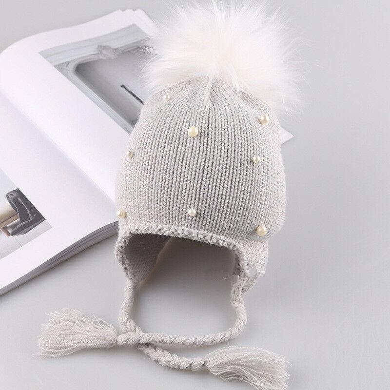 Winter Warm Newborn Infant Kids Hats Baby Girls Hats Hair Ball Earbud Pearl Crochet Hats Boys Warm Knit Caps For Girls Hats