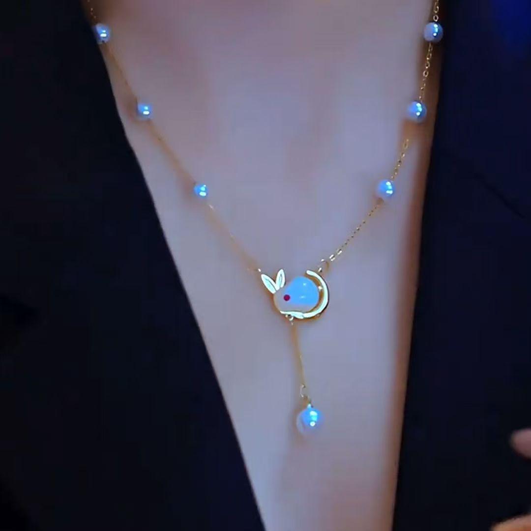 

Pearl Jade Rabbit Necklace: Women s Luxury Choker with Starry Sky Design Electroplated