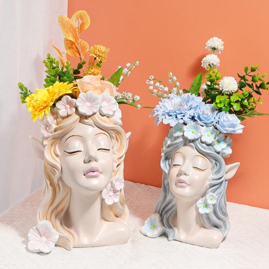 Fairy Head Planter Angel Girl Face Flower Pot Resin Decorative Vase Indoor Cactus Pot for Home Office Desk Garden