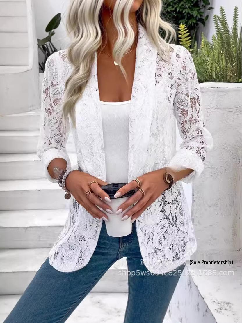 Стильная универсальная кружевная рубашка-жакет Европейско-Американский Весна/Лето 2026 XL белый