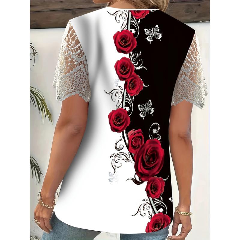 Women's Fashion Casual Summer Spring Flower Pattern Print Short Sleeve V-Neck Blouses & Shirts