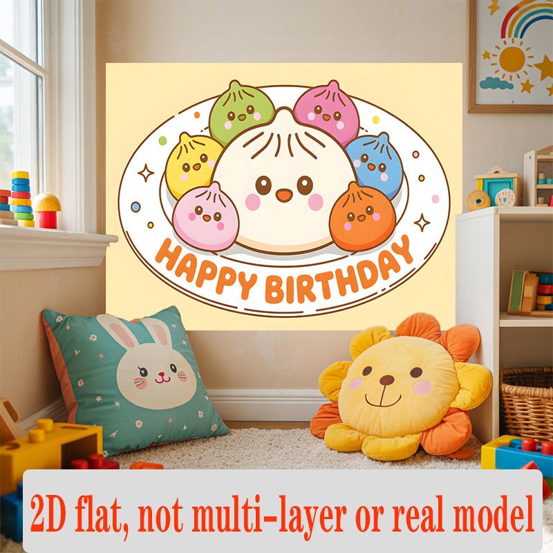 Steamed Bun Birthday Backdrop, Adorable Cartoon Baozi Wall Decor for Party