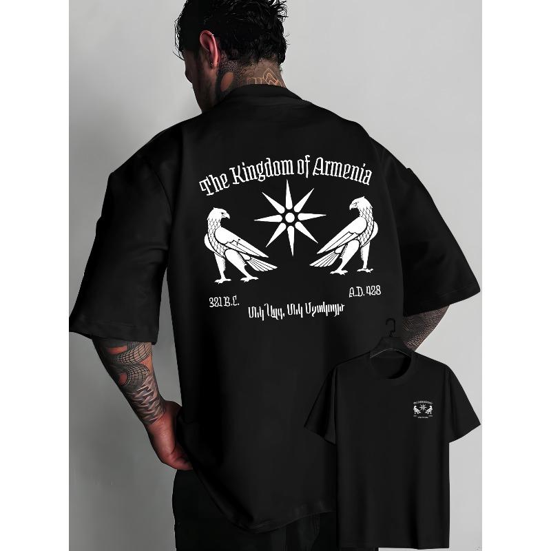 

Men S T-Shirt, Summer Round Neck Short-Stylish And Versatile Short, Featuring The Words Kingdom of Armenia And a Double Eagle Design on The Back 4XL чорний