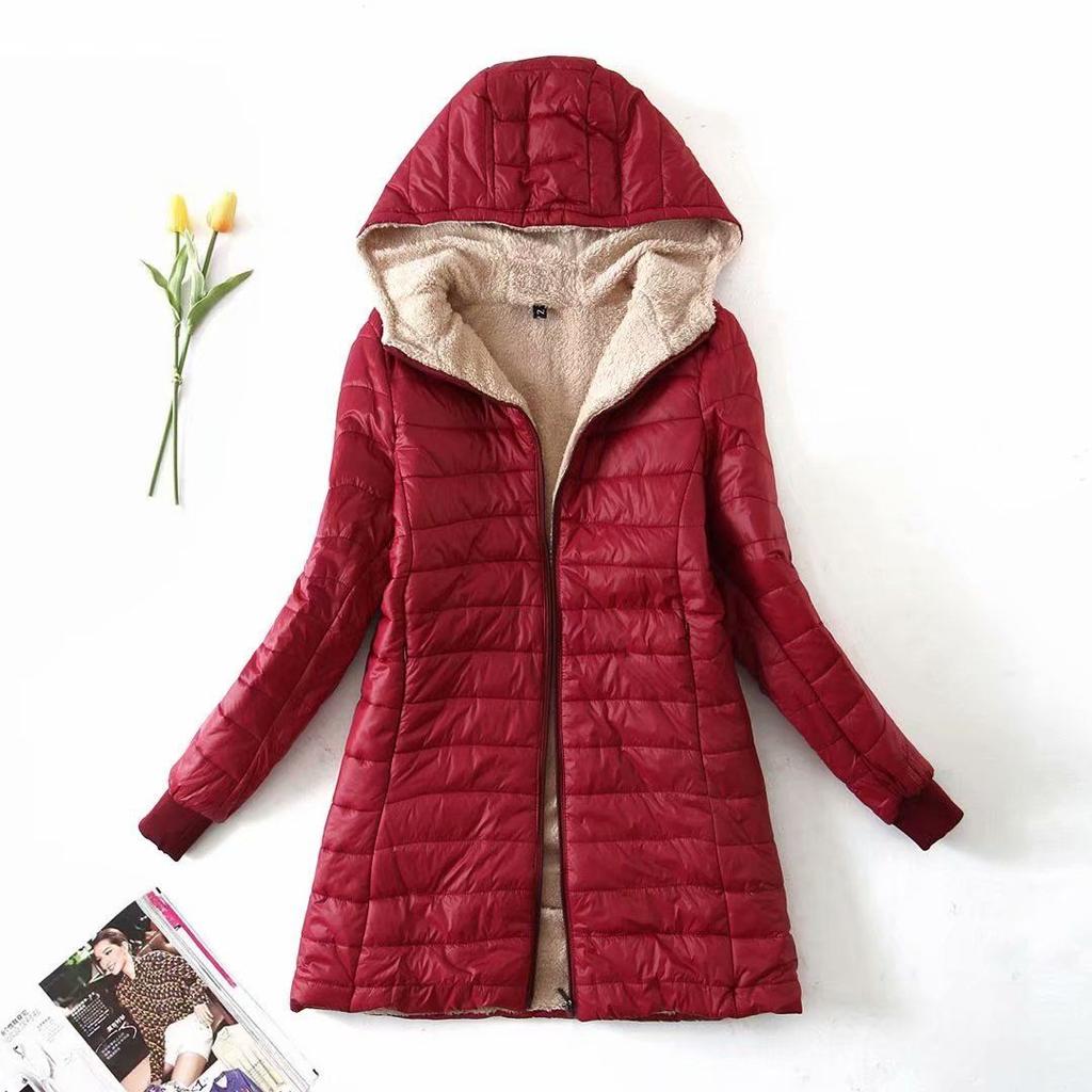 Women's Hooded Fit Women Jackets Autumn Winter Mid-length Office Cotton Coats Warm Lamb Fleece Parkas