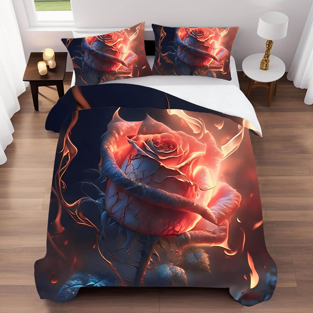 Three-Piece Flame Rose Series Quilt Cover 3D Digital Printing Bedding Kit