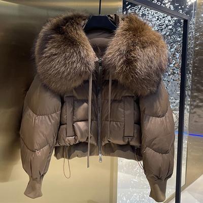 Lagabogy 2025 Winter Puffer Jacket Women Thick Warm Short Parkas Real Natural Raccoon Fur Female Loose 90% White Duck Down Coat