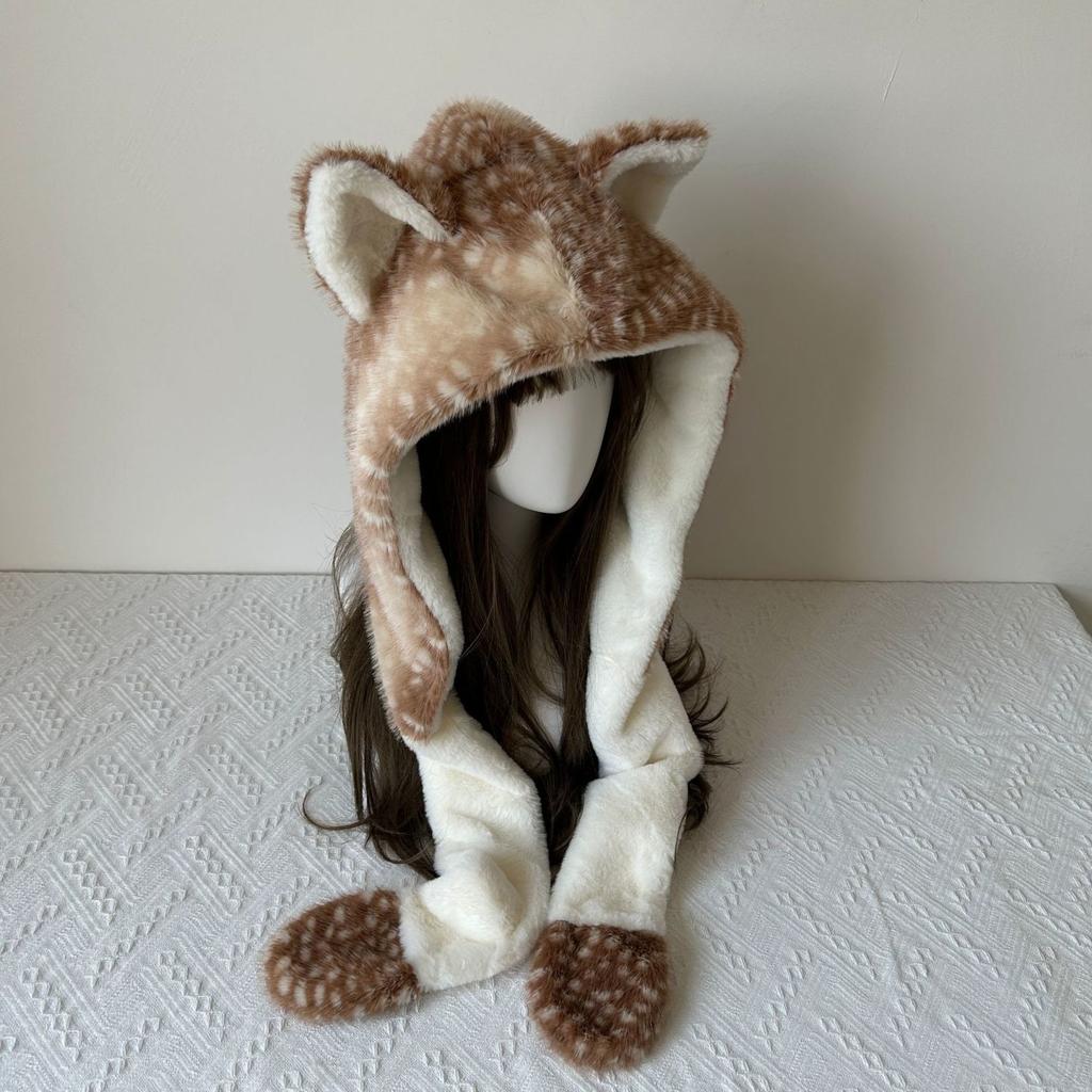 Women’s Hat Reindeer Plush Hat and Scarf Set - Winter Cute Warm Earflap Hat