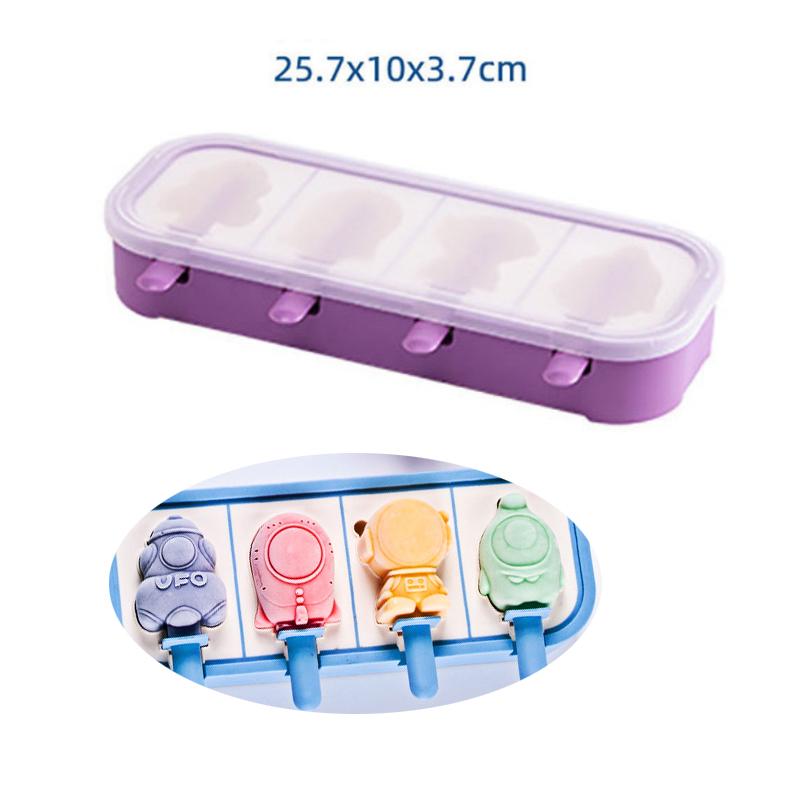 Cartoon Space Rocket Astronaut Ice Cream Silicone Mold With Lid Family Popsicle Ice Cube Tray Mold Cheese Kitchen Accessories
