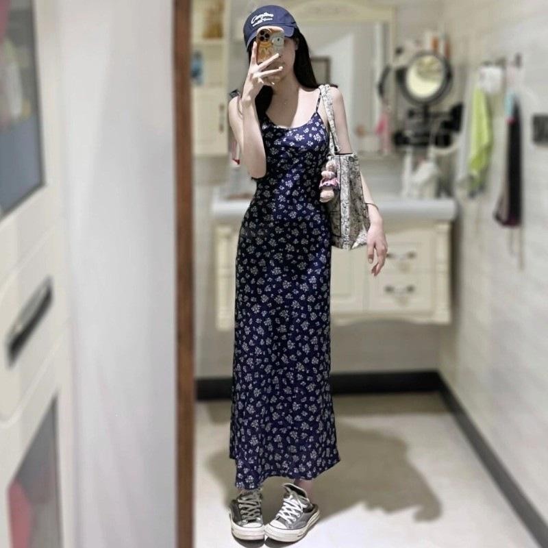 Blue printed floral backless suspender dress female summer French gentle wind waist thin fairy long dress female