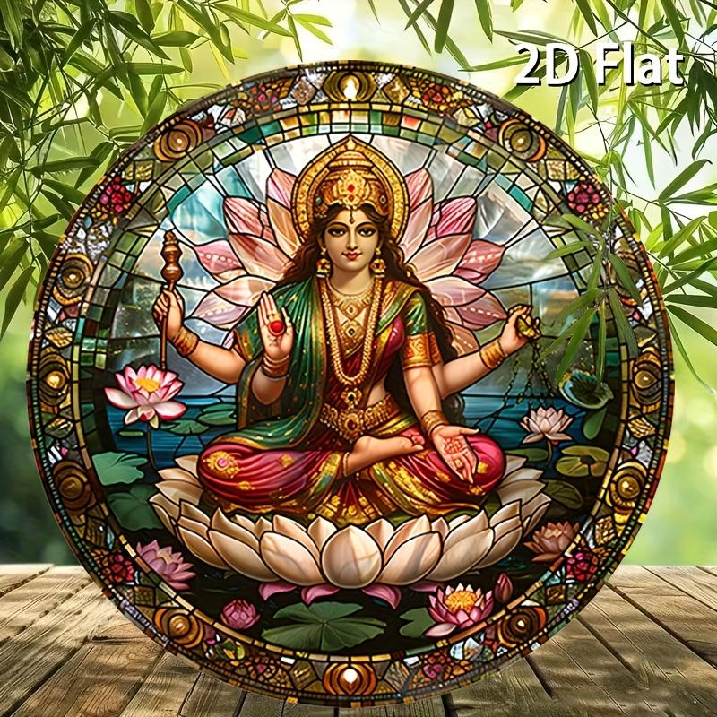 [2D Flat] 1pc Vintage Metal Sign - Hindu Goddess on Lotus Throne Aluminum Round Poster, Serene and Divine Imagery, Retro Wall Ar
