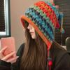 1pc Korean Imitation Handmade Crochet Colored Yarn Hat For Women Winter Fashion Nitted Beanie Cap Hm Earflap Tassel Pompom Hat