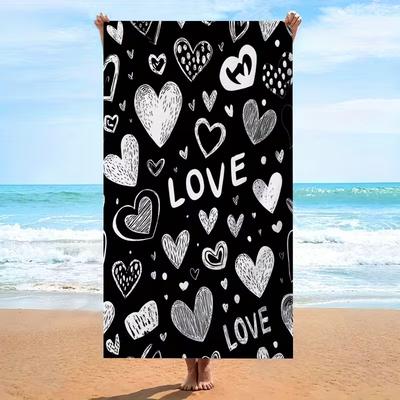 Black White Love Heart Print Beach Towel Cute Love Heart Themed Towel Quick Dry Absorbent Towel for Summer Beach Valentine