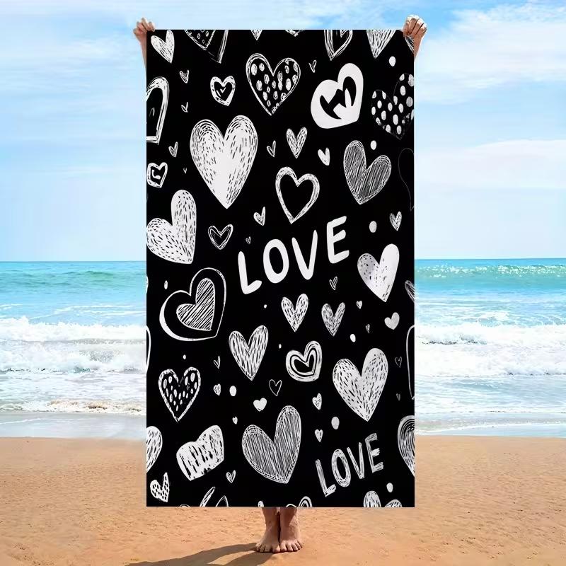 Black White Love Heart Print Beach Towel Cute Love Heart Themed Towel Quick Dry Absorbent Towel for Summer Beach Valentine