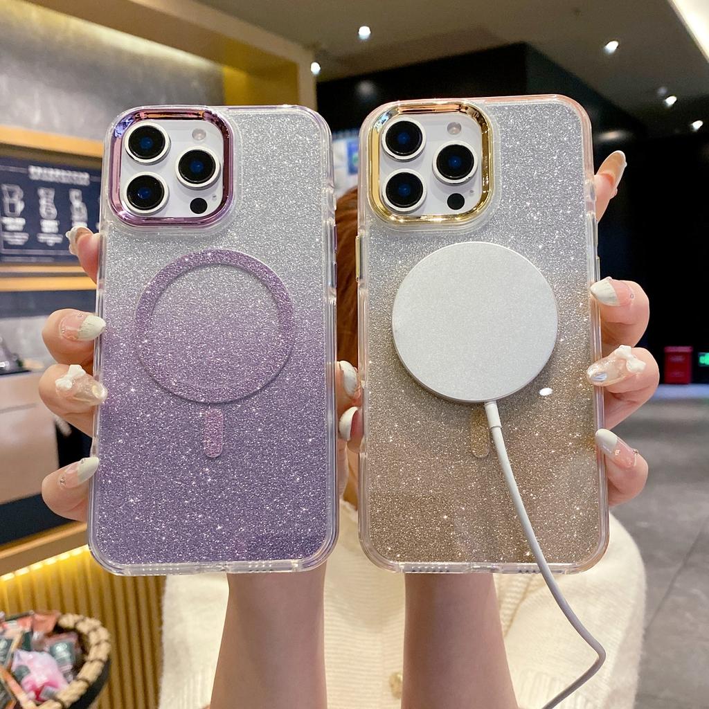 For iPhone 16 Pro Case TPU + Acrylic Glitter Magnetic Phone Cover Compatible with MagSafe