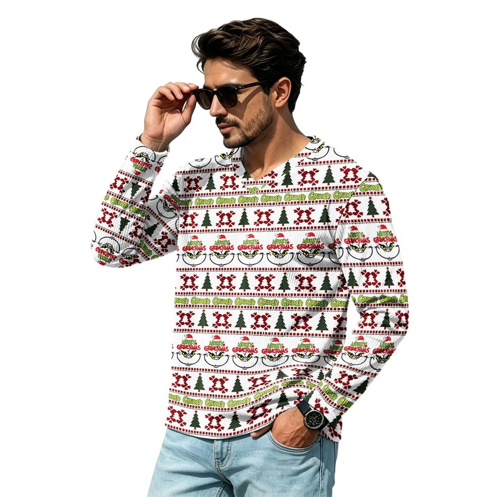 Camiseta Informal Navideña para Hombre con Cuello en V Cómoda Holgada Estampado Urbano