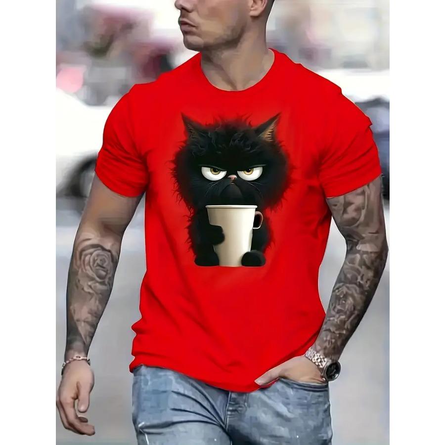 Digital Print Short Sleeve Crew Neck T-Shirt Men Cat Animal Breathable Fabric Relaxed Fit Summer Outdoor Essential Holiday Casual Wear