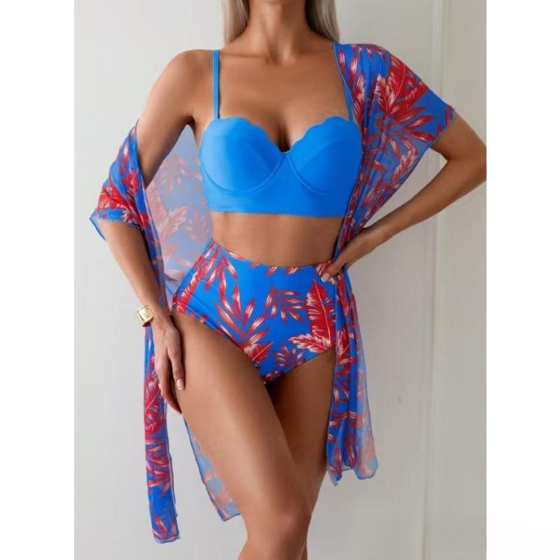 

New Maple Leaf Print High-waisted Mesh Jacket Slim Bikini Swimsuit Sexy Suit L