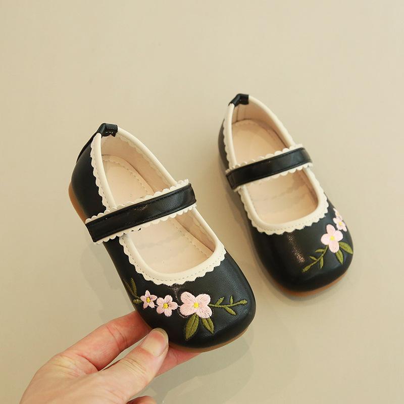 Kids Floral Embroidery Lace Trim Mary Jane Flat Shoes 21 чёрный