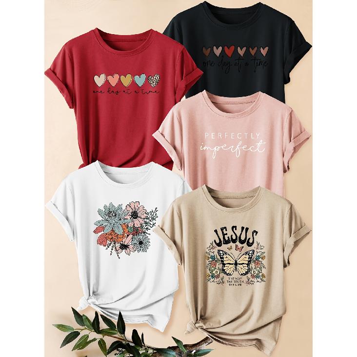 Five-piece set of women's letter and heart print short-sleeve shirts Floral Butterfly Heart Print Round Neck Summer Dress T Shirt Suitable for spring