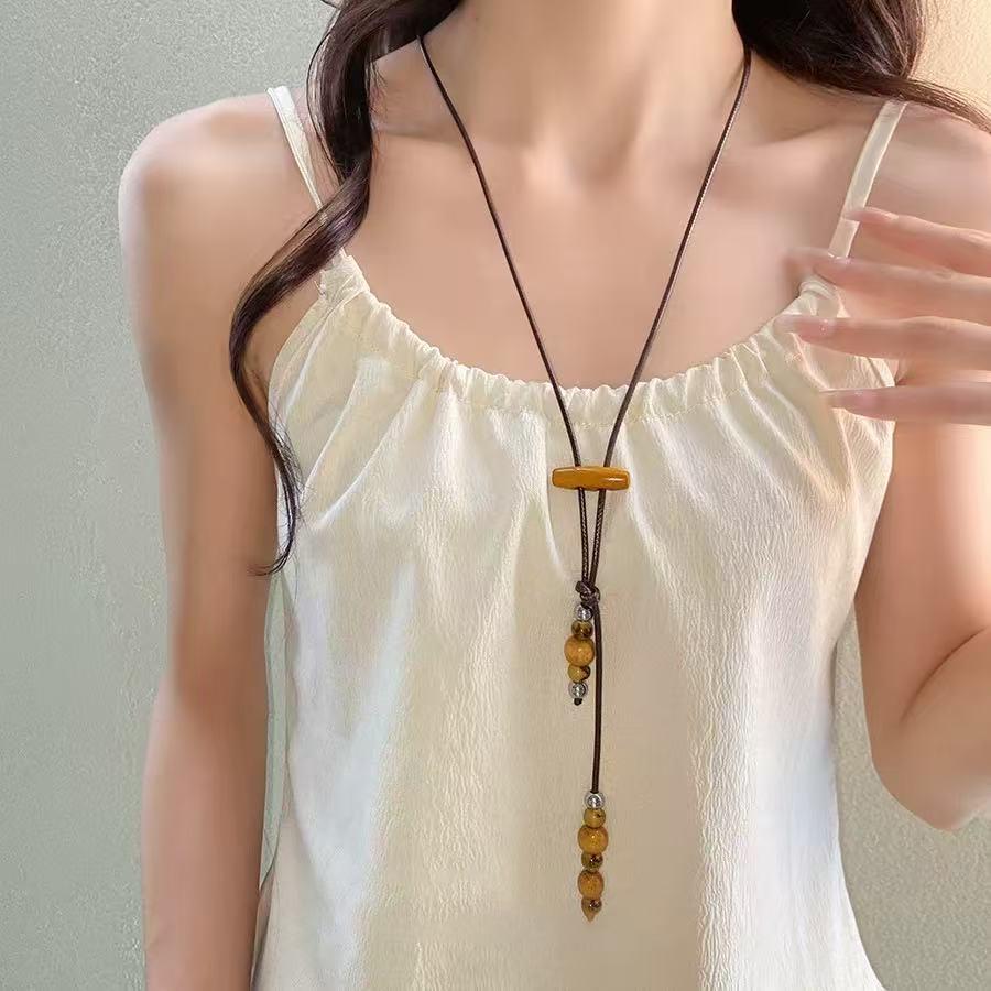 New Chinese retro wooden beaded necklace niche design sense national style fashion long sweater chain