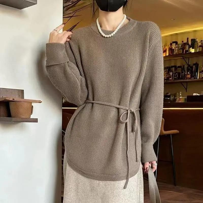 Women Lazy Style Belted Sweater Spring Autumn Fashion Loose Waist Slimming Knitwear Long Top
