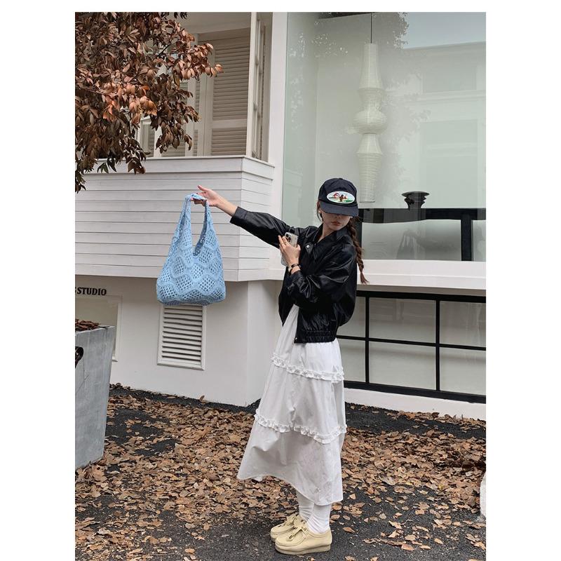 Polyester Knit Shoulder Bag for Women Diamond Hollow Out Woven Tote Purse Soft Handbag Casual Daily Commute Bag KTB