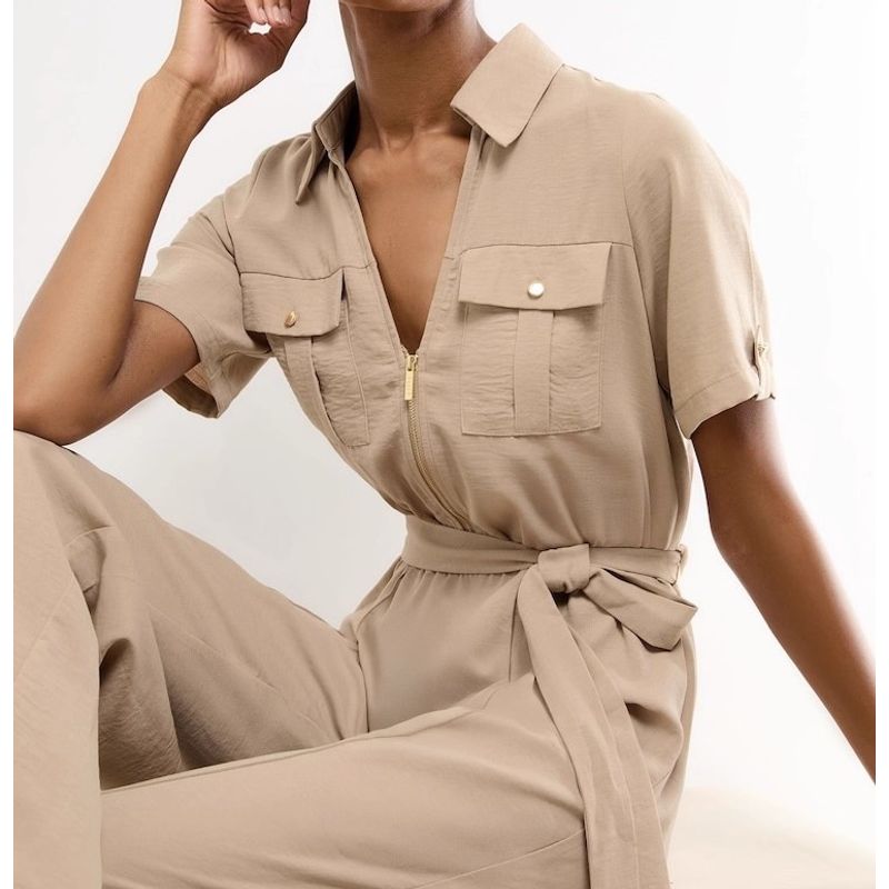 Export Single Li's High Waist Slim Looking Adult Lady like Woman Tall Fashion Short Sleeve Zipper Summer New Arrival Niche Style Wide Leg Jumpsuit