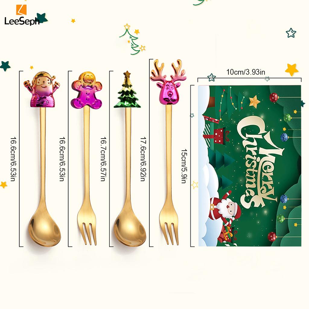 Set Regalo Cucchiaini da Caffè Forchette di Natale in Scatola con 1 Biglietto di Natale, Cucchiaino da Caffè Natalizio Forchette da Cena Cucchiaino da Dessert Stoviglie Regalo