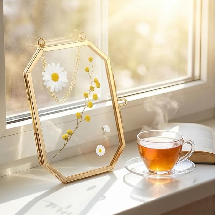 Metall Achteckiger Fotorahmen Hängendes Glas Blumenpflanzenrahmen mit Transparenzglas Bilderhalter Dekoration