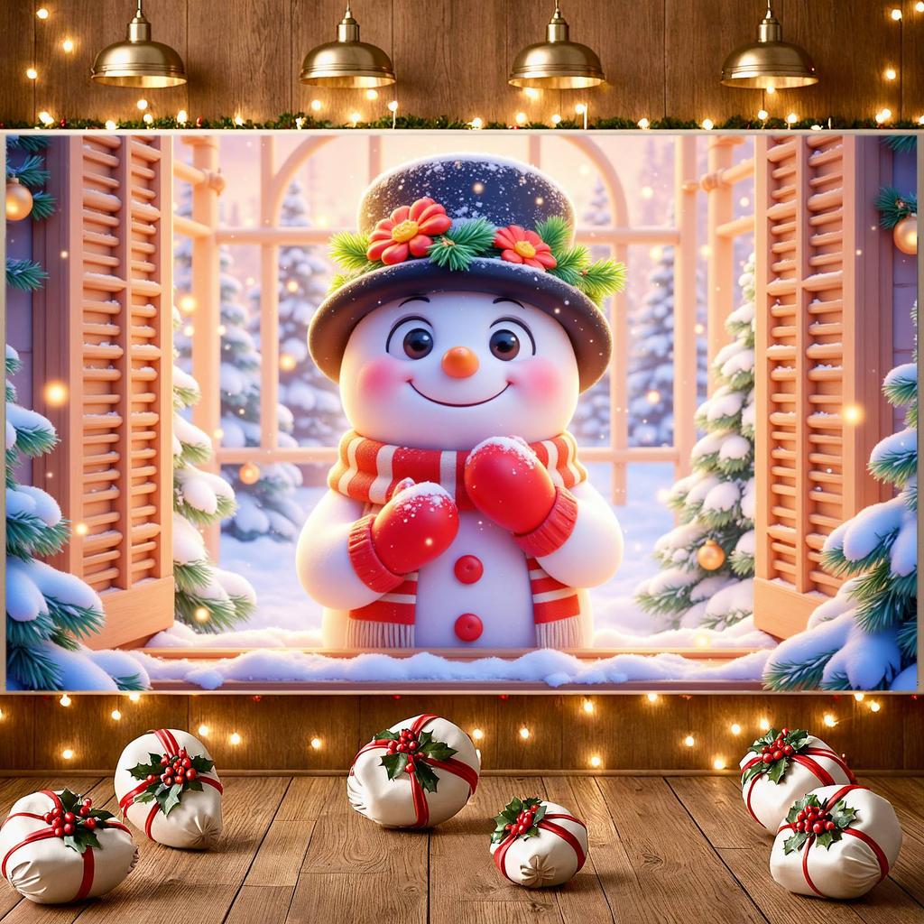 Snowman Banner Black Top Hat Christmas Decoration Banner Winter Banner Cute Snowman For Indoor Use Xmas Event Winter Celebration