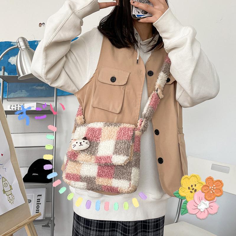 Damen Plüsch Umhängetasche Karomuster Schultertasche Reißverschluss Halbmond Halbkreisform Stoffgeldbörsen Mädchen Niedliche Umhängetaschen