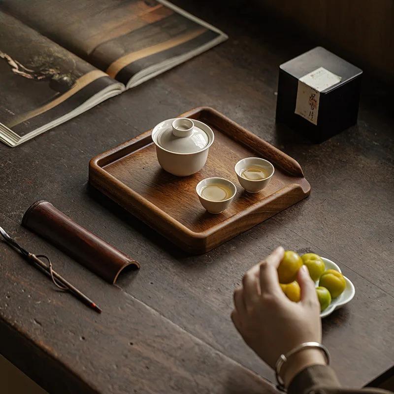 Chinese Walnut Square Food Tray Solid Wood Puer Tea Set Tray Home Breakfast Cake Flower Pot Bonsai Gardening Holder