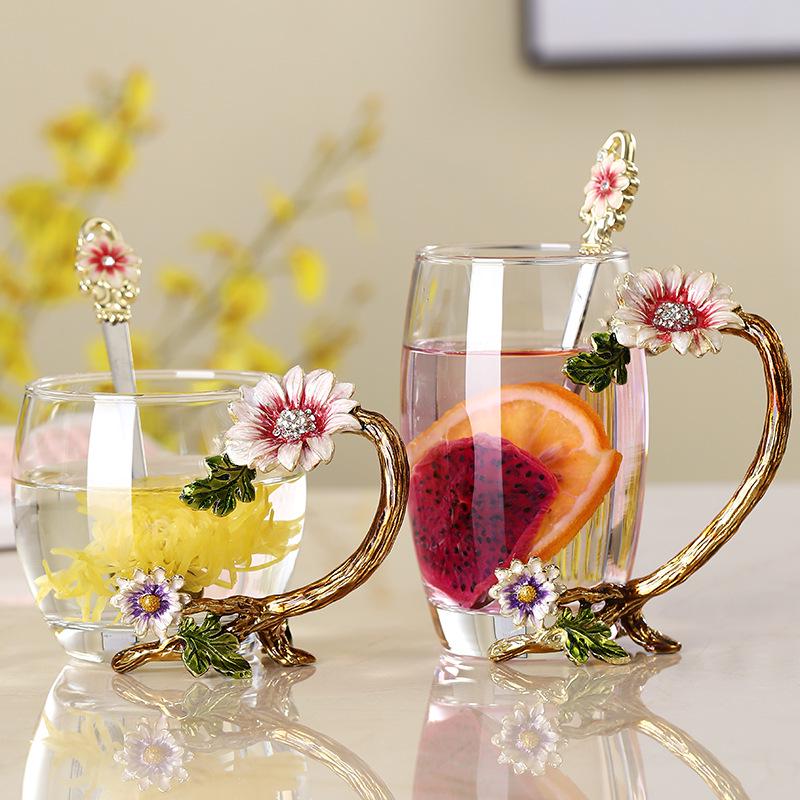 Paris March Enamel Flower Tea Cup - High-Temp Resistant Crystal Glass Gift for Teacher's Day or Girlfriend