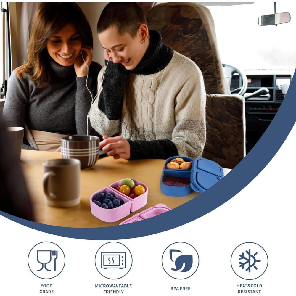 Silicone Reusable Snack Containers with Lids, Double Compartment Snackle Box Containers Salad Dressing Sauce Seasoning Container