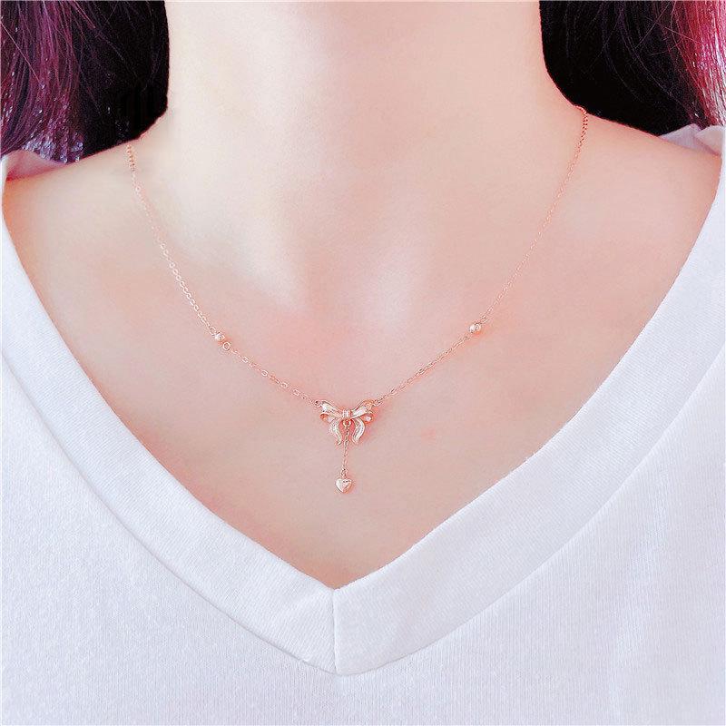 Purple Gold Bow Rose Gold Plated Fashion Colored Gold Peach Heart Collarbone Necklace