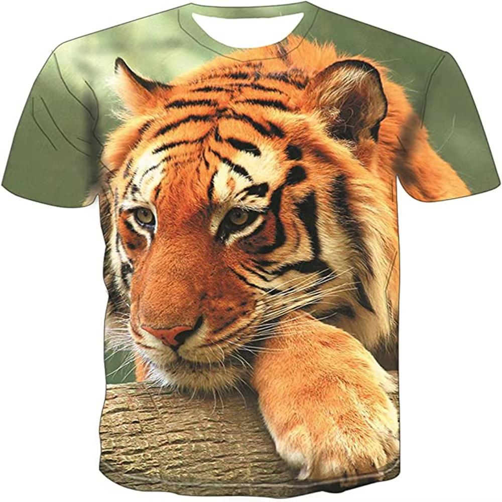 Boys' T-shirt Cool Tiger 3D Printed Children's Short Sleeved Round Neck Pullover, Outdoor Casual and Comfortable Children's Clothing