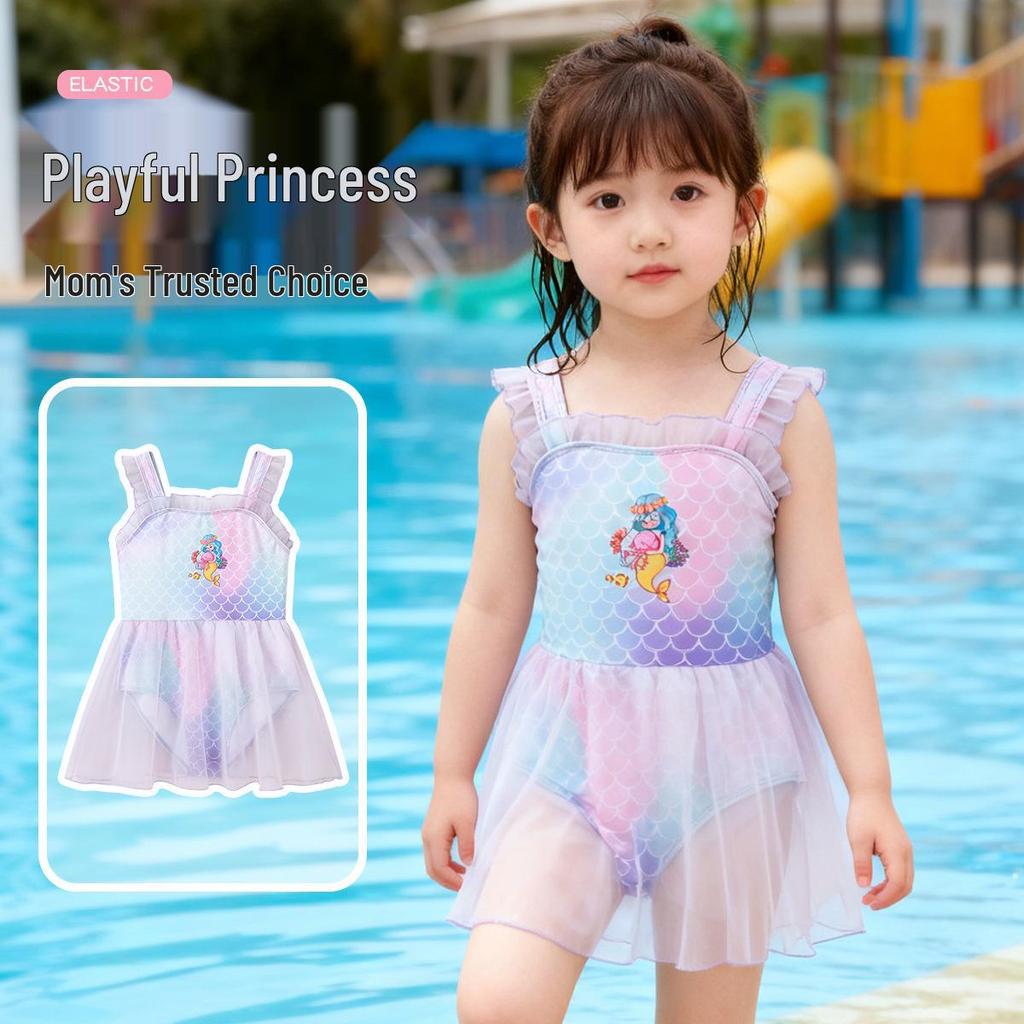 Girls' Princess Mermaid One-Piece Swimsuit with Mesh Skirt