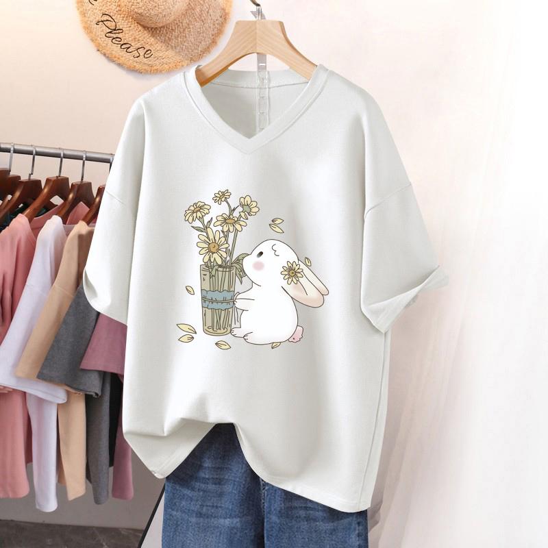 Dámské tričko s krátkým rukávem, volného střihu, zeštíhlující top s potiskem a výstřihem do V