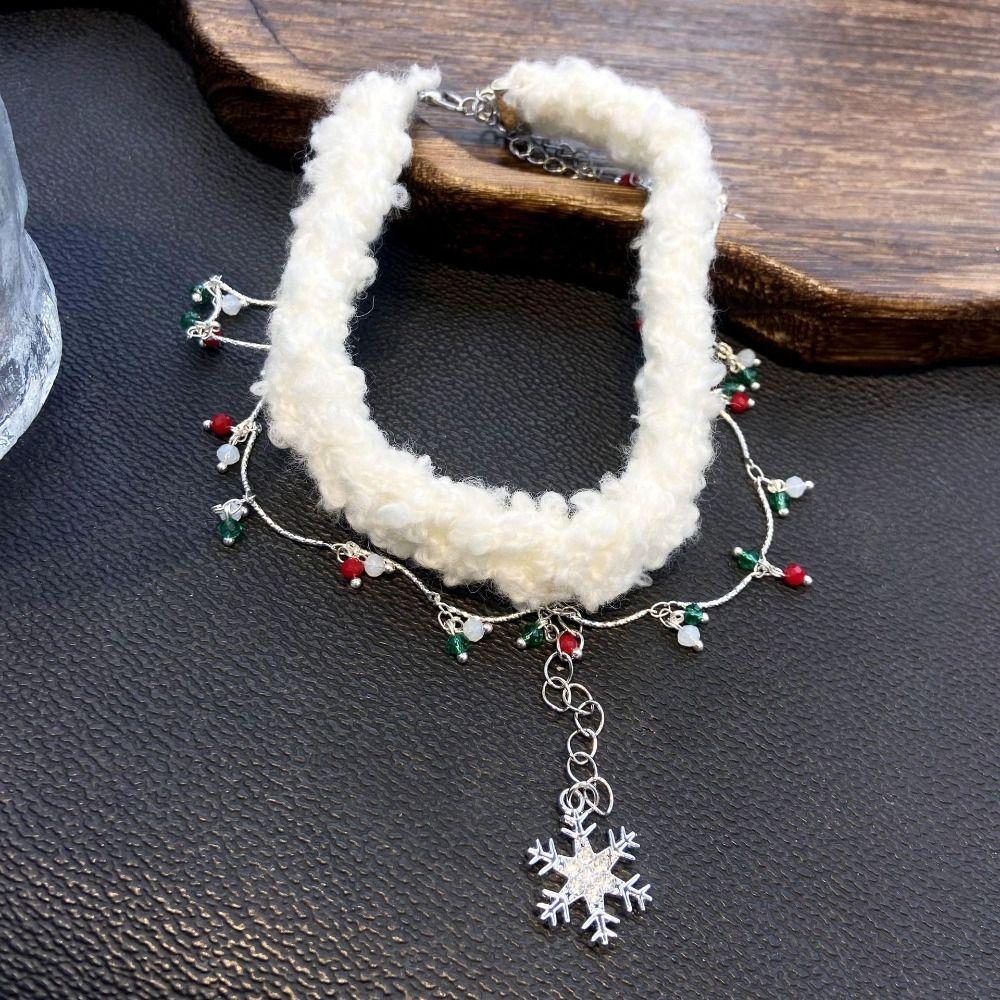 Tassel Christmas Plush Choker Santa Claus Xmas Clavicle Chain Snowflake Rhinestone Necklace  Girls
