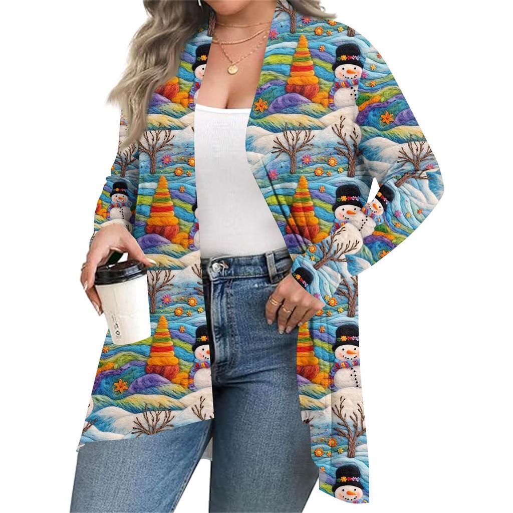Women's Fall And Winter Fashion Casual Print Long Sleeve Mid-Length Cardigan Jacket