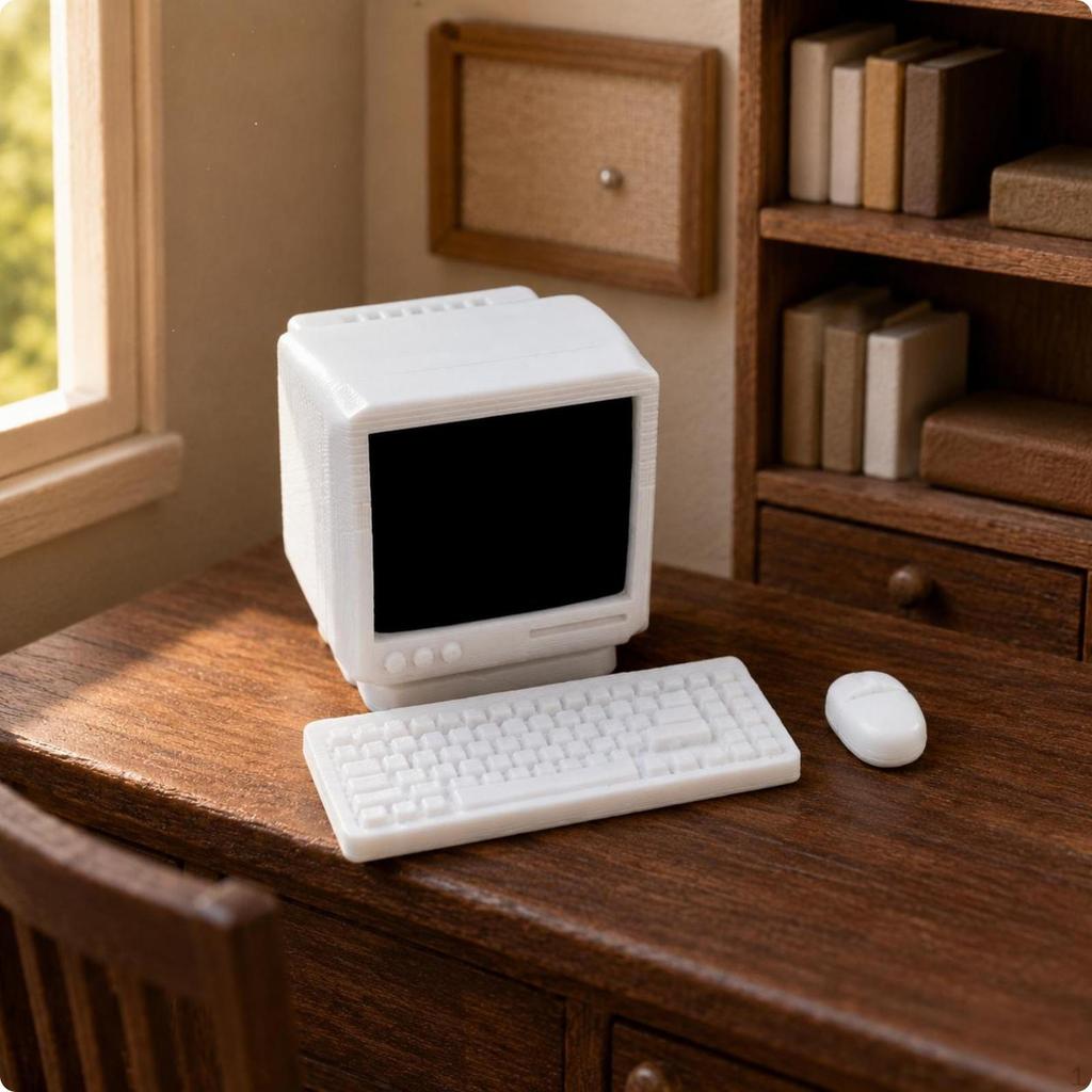 Retro Desktop Computer Model Realistic Look Dollhouse Set High Detail Miniature Electronics