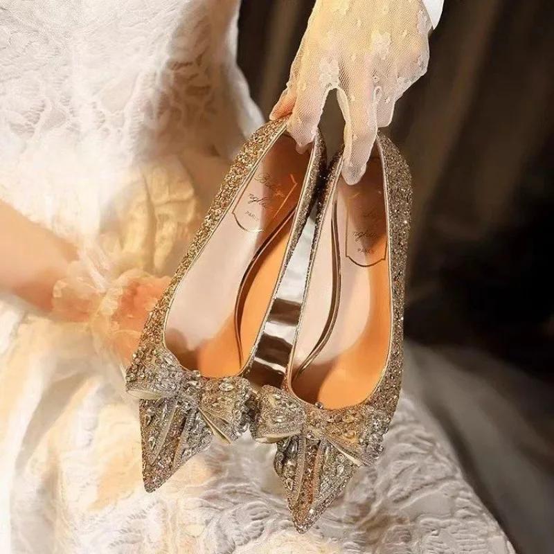 Fashion French Crystal Silver High Heels Womens 2025 New Bow Solid Shining Womens Shoes WOMEN Pointed Toe Casual Pumps