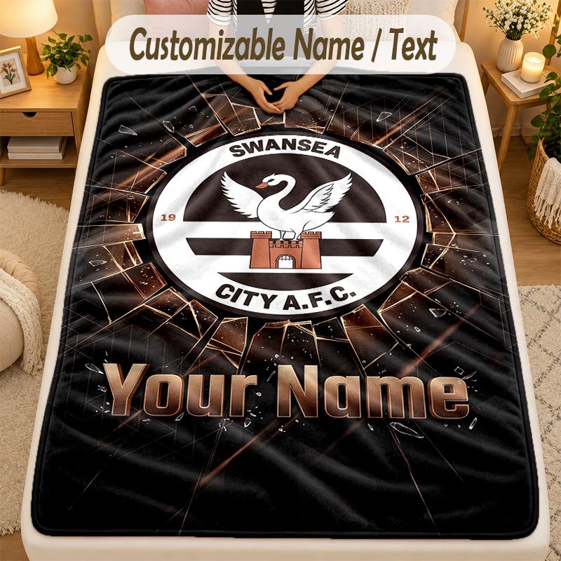 Flannel BlanketSwansea City FC Custom Name Text Personalized Soft Warm Throw Blanket Home Decor Gift