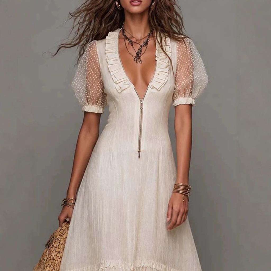The new V-neck European and American women's clothing holiday style white ruffle edge loose dress is popular.