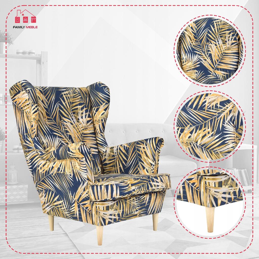 ARI PRINT Scandinavian Family Furniture Wing Chair, Gold, Navy Blue, Leaves