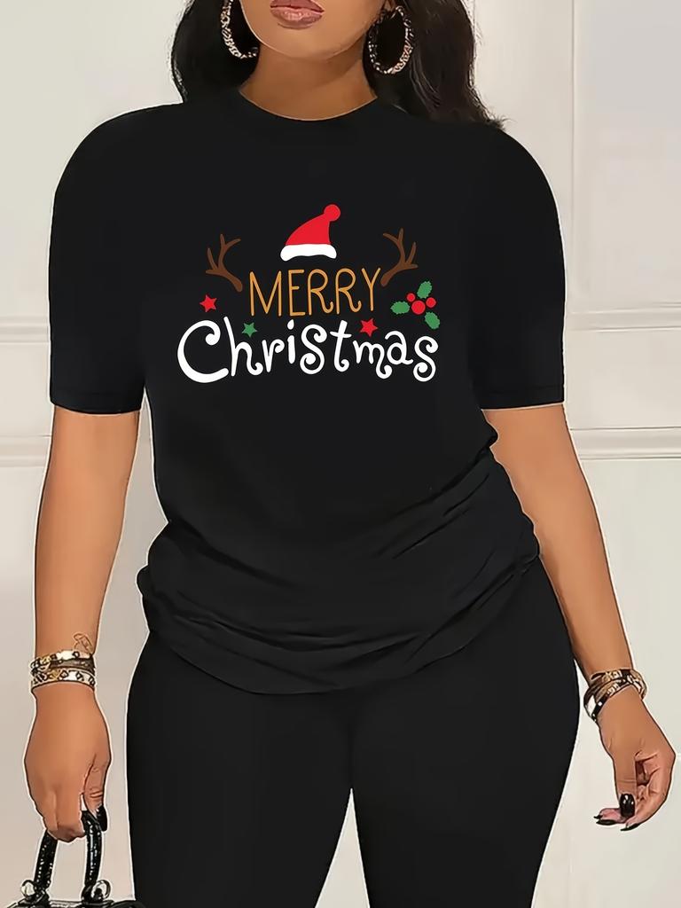 WomenS Merry Christmas Graphic TShirt Black with Festive Red Santa Hat Summer Short Sleeved Harajuku Streetwear Tops Tees