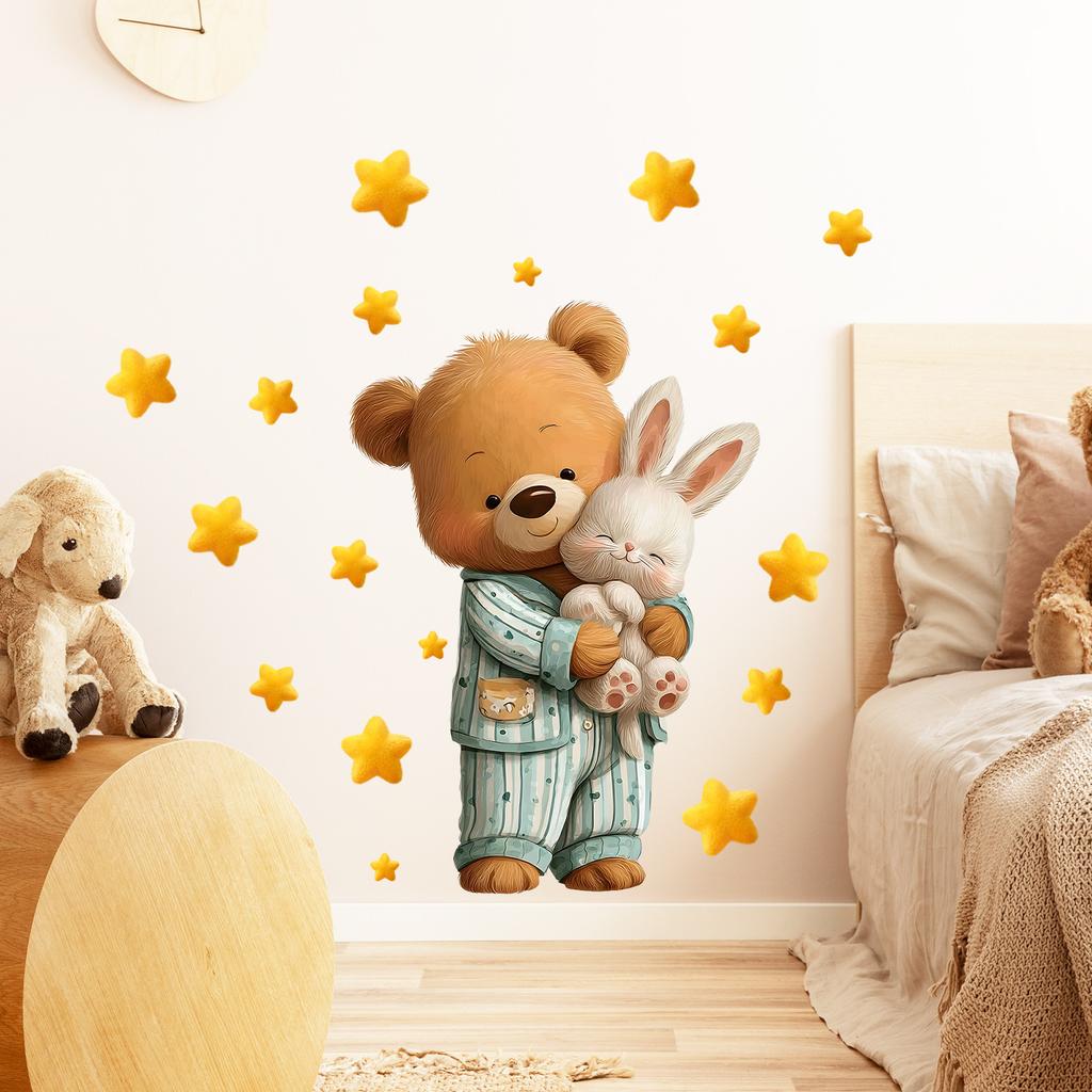 Cartoon Pajamas Teddy Bear Holding Rabbit Bedroom Wall Decoration Self-adhesive and Removable Stickers
