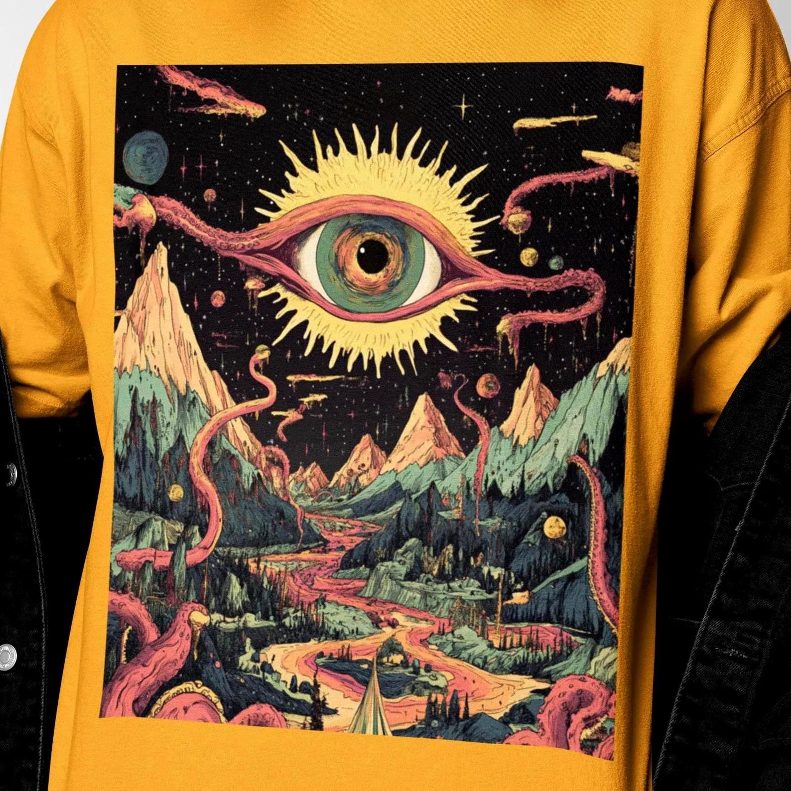 Watcher of Realms T-Shirt | Psychedelic Apparel | Surreal Cosmic Eye Landscape, Trippy Tentacle Sky M