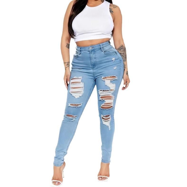 European-American High-Waisted Skinny Ripped Jeans for Women