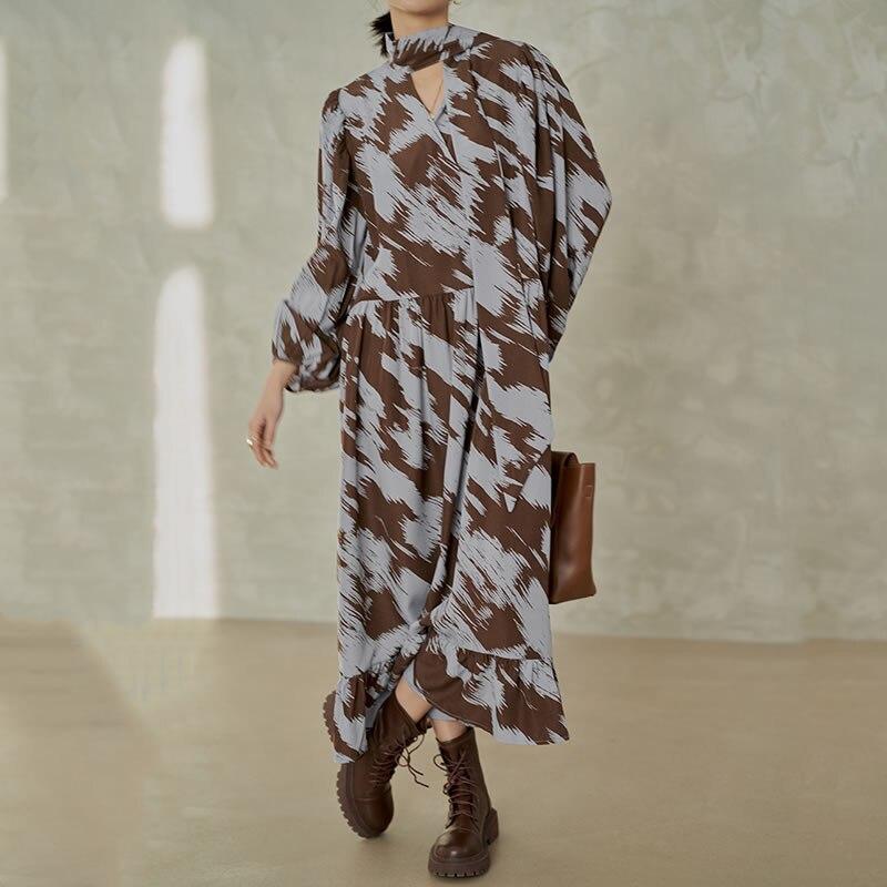 Xitao Vintage Print Dress Fashion Bandage Bow Collar Loose Long Sleeve Pullover Spring Autumn Base Dress New GWJ2559